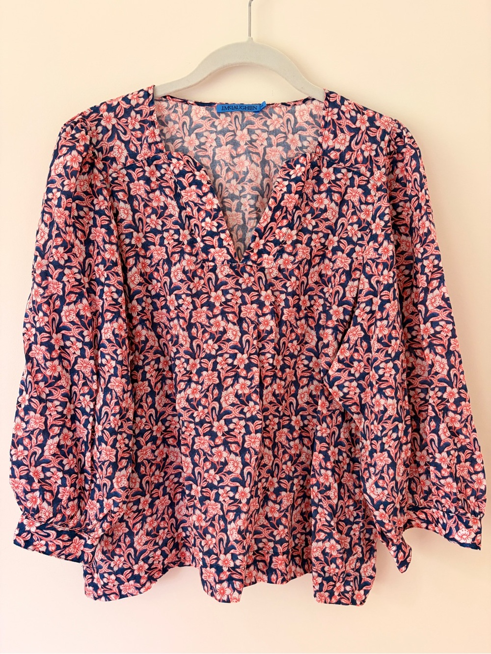 J. McLaughlin Navy and Pink Floral V-Neck Blouse